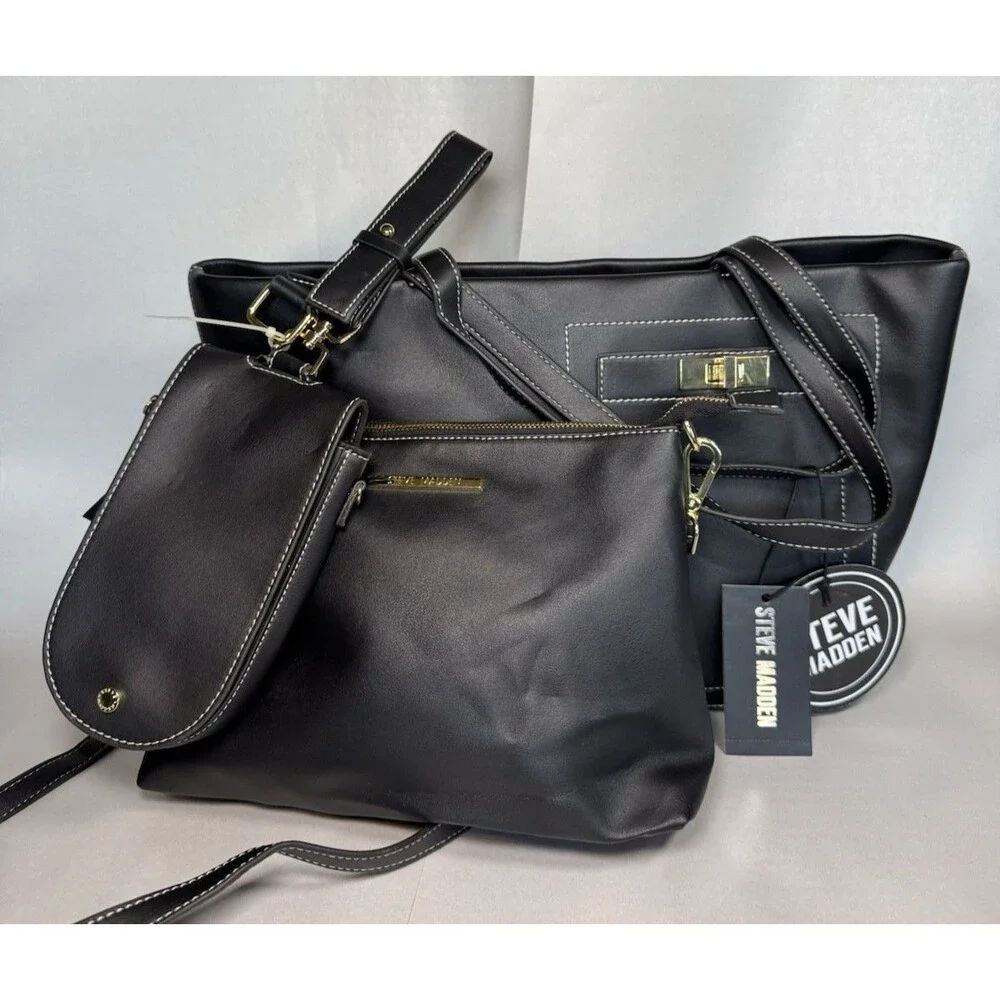 NWT Steve Madden Black Bizumi 3-Piece Tote Crossbody and Phone Bag